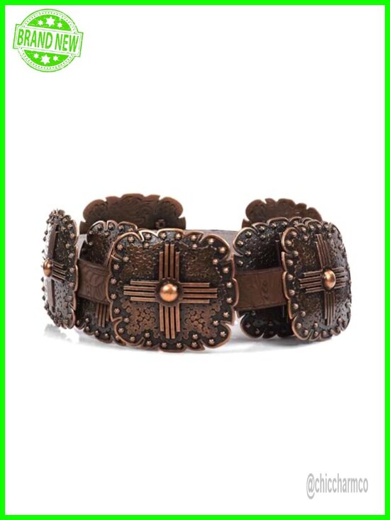 Floral Embossed Leather Western Belt with Square Conchos, Removable Buckle